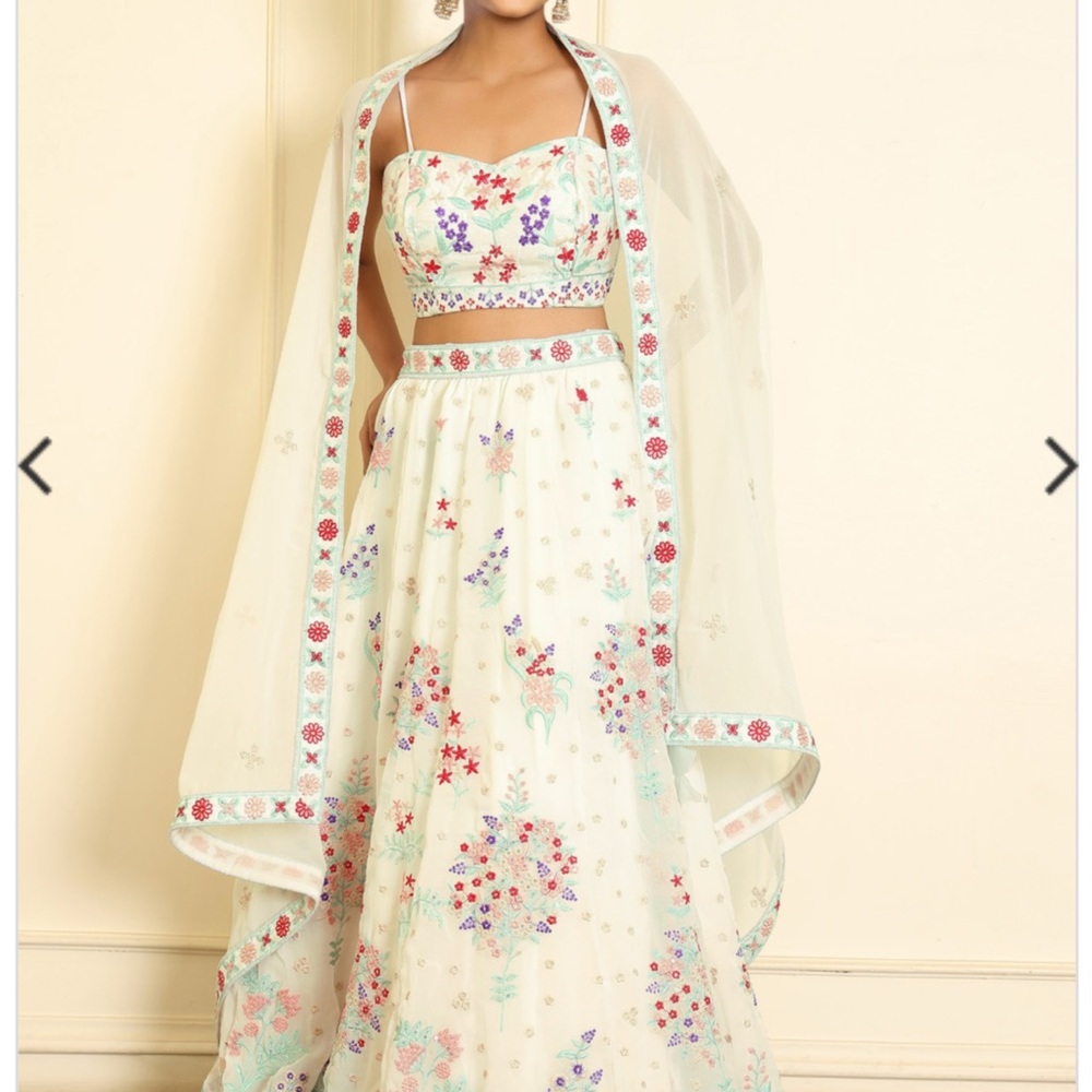 Floral Embroidered Cream Lehenga Set